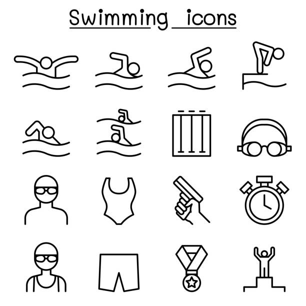 ilustrações, clipart, desenhos animados e ícones de conjunto de ícones de natação no estilo de linha fina - touca de natação