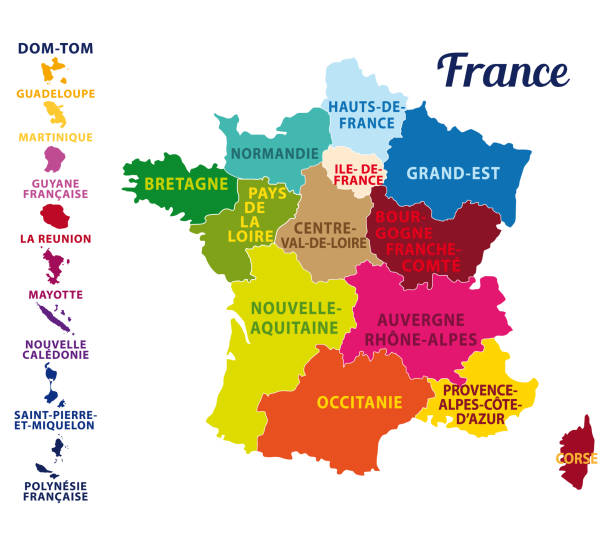 France divided into regions with state capital and regions capitals. Vector illustration. France divided into regions with state capital and regions capitals. Vector illustration. french overseas territory stock illustrations