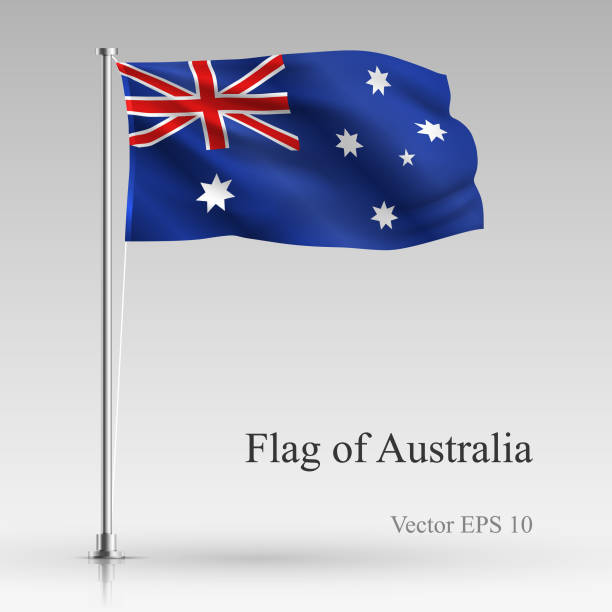 ilustrações de stock, clip art, desenhos animados e ícones de national flag of australia isolated on gray background. realistic australian flag waving in the wind. wavy flag stock vector illustration - chrome insignia sign gear