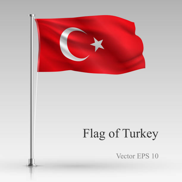 gri arka plan üzerinde izole türkiye'nin ulusal bayrak. gerçekçi türk bayrakları rüzgarda sallayarak. dalgalı bayrak hisse senedi vektör çizim - türk bayrağı stock illustrations