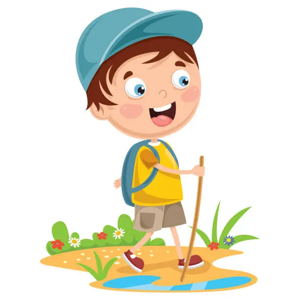 Vector illustration of Vector Illustration Of Kid Trekking