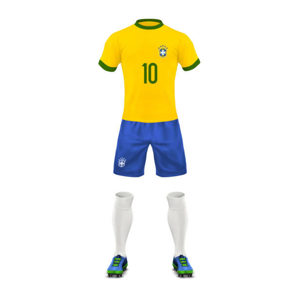 Vector realistic soccer uniform of a brazil team Vector realistic soccer uniform of a Brazil team, set of sports wear, shirt, shorts, socks and boots, isolated on background. Mockup of Brazilian football outfit in colors of national flag, front view football socks stock illustrations