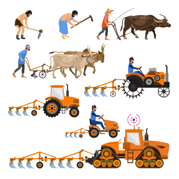 농장 트랙터의 진화 - agriculture farm people plow stock illustrations