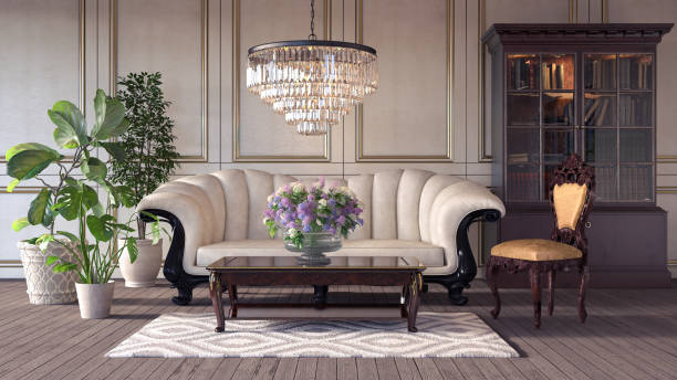 classico design degli interni retrò del soggiorno 3d render - chandelier foto e immagini stock