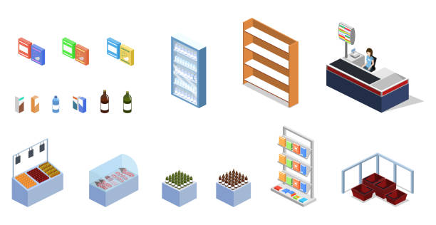 изометрическая 3d иллюстрация концепции продуктовый магазин набор объектов - real food illustrations stock illustrations