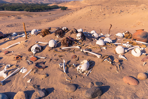Nazca, Peru - August 13, 2017: Abandoned ancient cemetery near Nazca, Peru