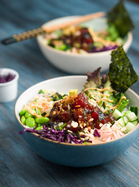 istock Ahi tuna poke bowl angled vertical view. 930213130