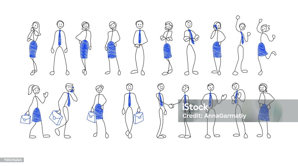Stick people figures set Collection of stick figures of businesspeople in different poses and situation. Doodle style men and women. Vector illustration set Stick Figure stock vector