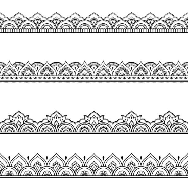 ilustraciones, imágenes clip art, dibujos animados e iconos de stock de conjunto de fronteras para el diseño y aplicación de la henna. estilo de mehndi. patrón decorativo en estilo oriental. - cultura hindú