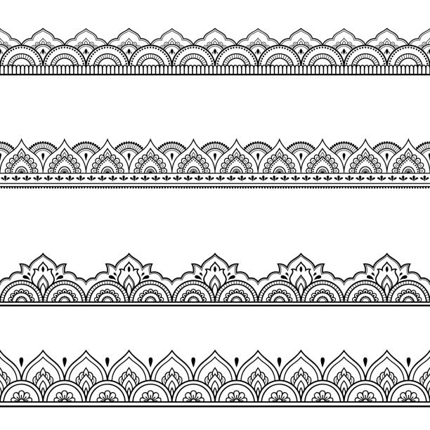 illustrazioni stock, clip art, cartoni animati e icone di tendenza di set di bordi senza soluzione di continuità per la progettazione e l'applicazione dell'henné. stile mehndi. motivo decorativo in stile orientale. - oriental pattern