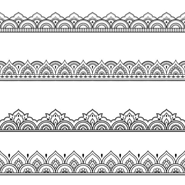 ilustrações de stock, clip art, desenhos animados e ícones de set of seamless borders for design and application of henna. mehndi style. decorative pattern in oriental style. - cultura-indiana