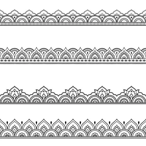 Vector illustration of Set of seamless borders for design and application of henna. Mehndi style. Decorative pattern in oriental style.