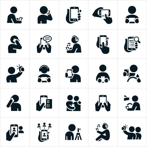 People Using Smartphones Icons A set of icons showing people using a smartphone in several different ways. These include talking on the phone, computing, taking pictures, taking a selfie, listening to music, searching the internet and purchasing to name a few. photographing illustrations stock illustrations