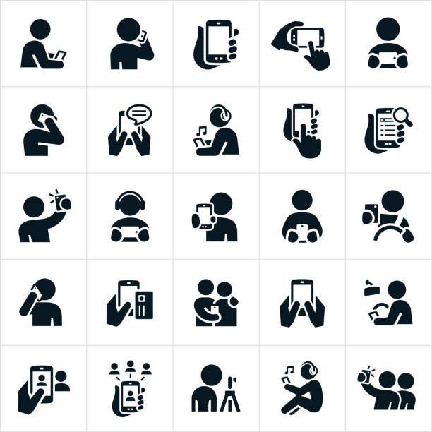 People Using Smartphones Icons A set of icons showing people using a smartphone in several different ways. These include talking on the phone, computing, taking pictures, taking a selfie, listening to music, searching the internet and purchasing to name a few. black and white headphones stock illustrations
