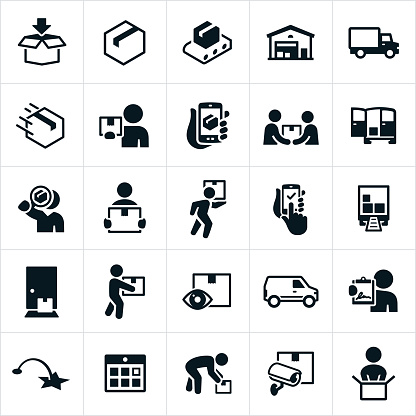 Icons related to the fulfillment, packaging and delivering of packages. The icons include the packaging process from filling the boxes to the distribution warehouse to the delivery person and finally to the customer.