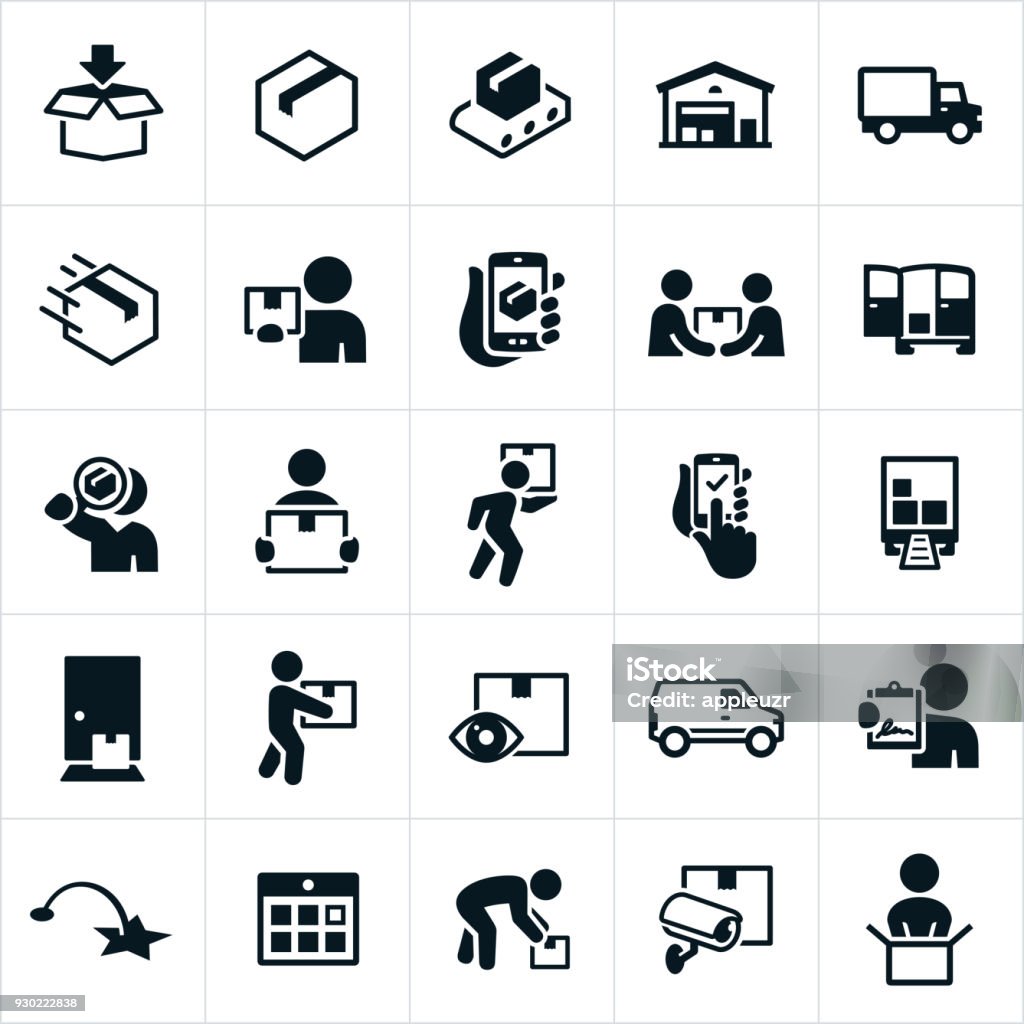 Package Delivery Icons Icons related to the fulfillment, packaging and delivering of packages. The icons include the packaging process from filling the boxes to the distribution warehouse to the delivery person and finally to the customer. Icon Symbol stock vector