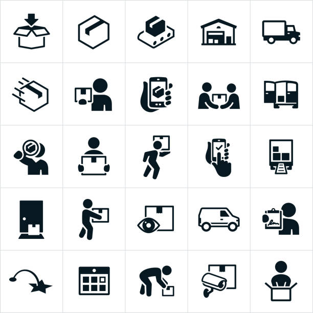 Package Delivery Icons Icons related to the fulfillment, packaging and delivering of packages. The icons include the packaging process from filling the boxes to the distribution warehouse to the delivery person and finally to the customer. warehouse symbols stock illustrations