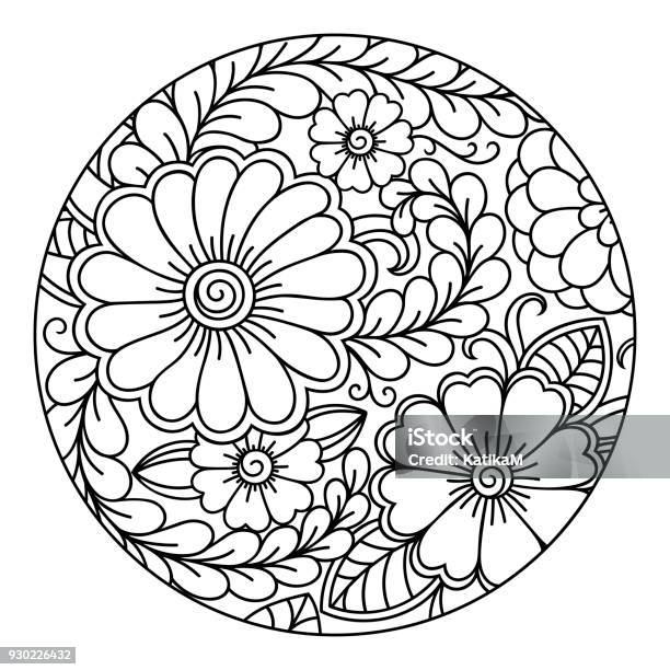 Outline Round Floral Pattern For Coloring The Book Page Antistress Coloring For Adults And Children Doodle Pattern In Black And White Hand Draw Vector Illustration Stock Illustration - Download Image Now