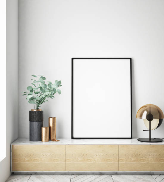 mock up poster frame in hipster interior background, scandinavian style, 3D render stock photo