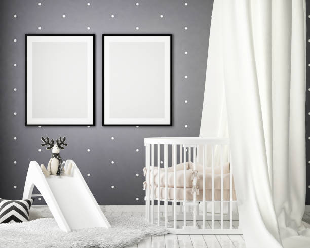 istock mock up poster frames in children bedroom, Scandinavian style interior background, 3D render 930239490