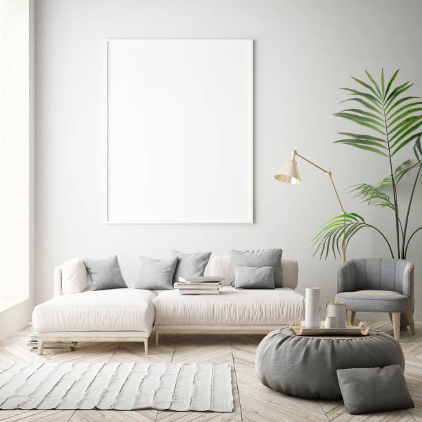istock mock up poster frame in hipster interior background, scandinavian style, 3D render 930239620