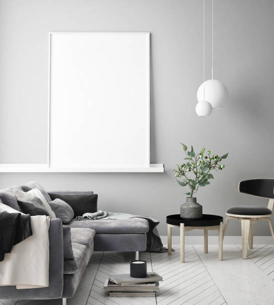 istock mock up poster frame in hipster interior background, scandinavian style, 3D render 930239632