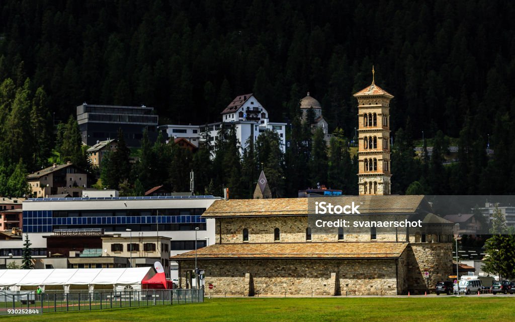 Roman Catholic Church St. Charles in St. Moritz-Bad in summer The Church St. Charles in St. Moritz-Bad was built between 1886 and 1889 by Nikolaus Hartmann on the shore of the lake st. Moritz. Canton of Grisons, Switzerland Saint Charles - Missouri Stock Photo