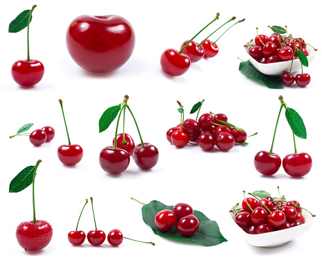 A bowl with Red cherries isolated on white background