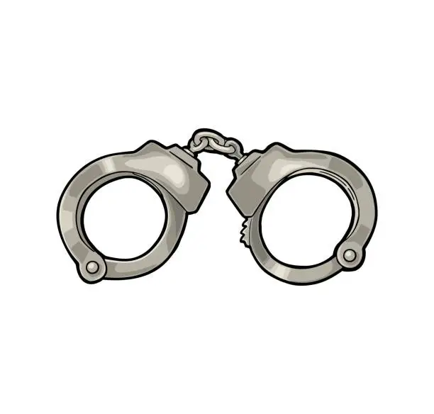 Vector illustration of Handcuffs. Engraving vintage vector color illustration.