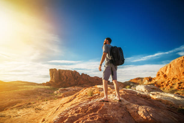 istock bearded hiker at valley of fire park in nevada looking at sunset 930261084