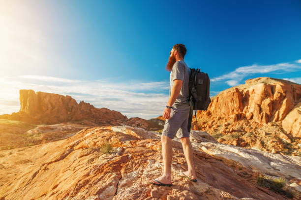 istock bearded hiker at valley of fire park in nevada looking at sunset 930261164
