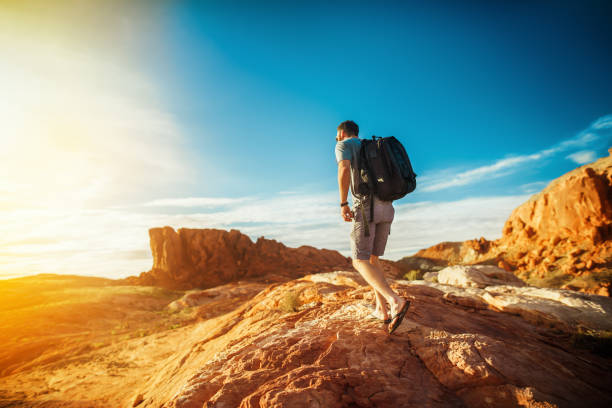 bearded hiker at valley of fire park in nevada looking at sunset wearing sandals, shot with lens flare