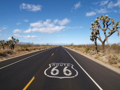 Route 66 crossing California's Mojave desert.