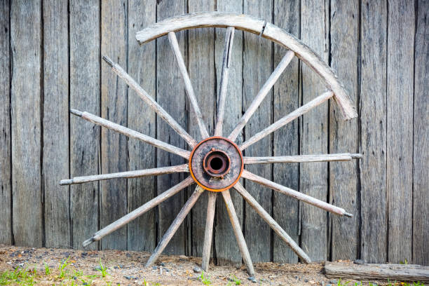 Old  fence with broken wagon wheel, background with copy space, full frame horizontal composition