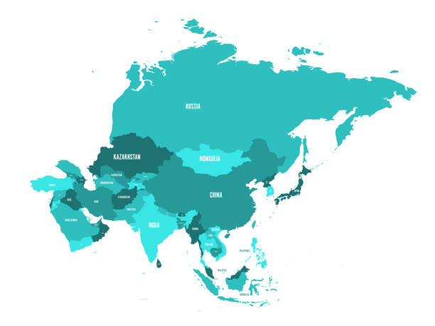 ilustraciones, imágenes clip art, dibujos animados e iconos de stock de mapa político del continente de asia en tonos de azul turquesa. ilustración de vector - extremo oriente