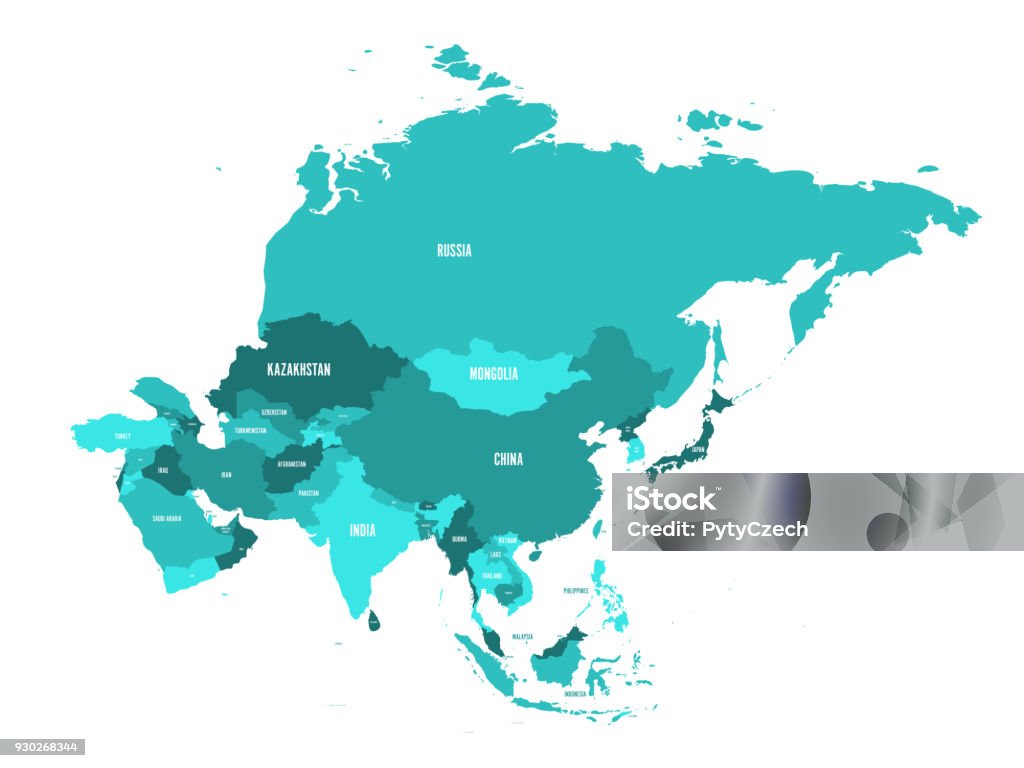 Carte politique du continent de l’Asie dans les tons de bleu turquoise. Illustration vectorielle - clipart vectoriel de Asie libre de droits