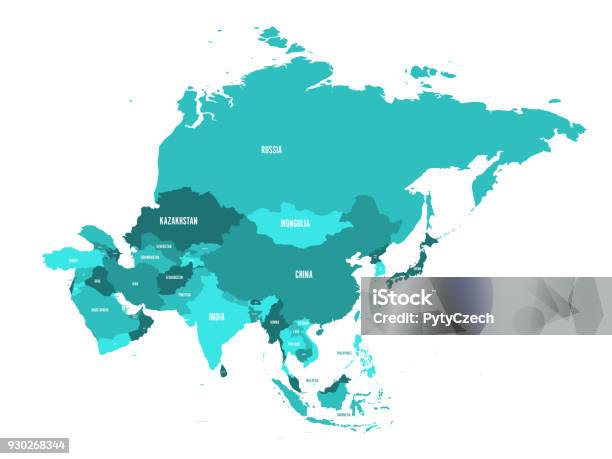 Carte Politique Du Continent De Lasie Dans Les Tons De Bleu Turquoise Illustration Vectorielle Vecteurs libres de droits et plus d'images vectorielles de Asie