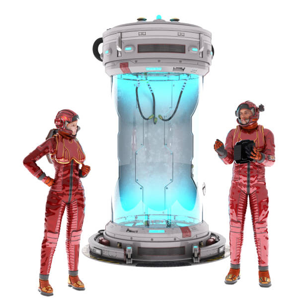 Futuristic couple standing by a large washing machine