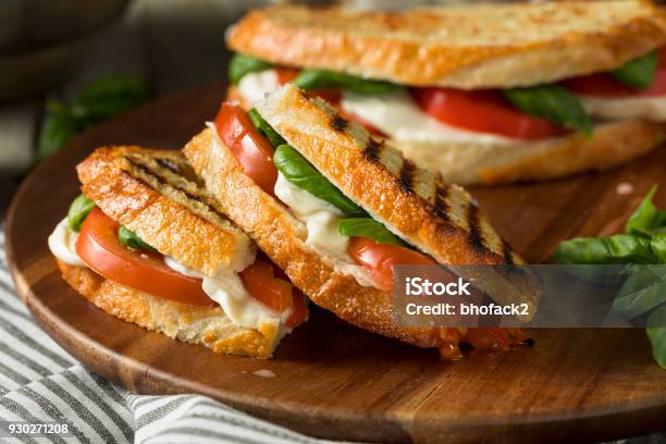 Healthy Grilled Basil Mozzarella Caprese Panini Stock Photo - Download Image Now - Sandwich, Panini, Lunch