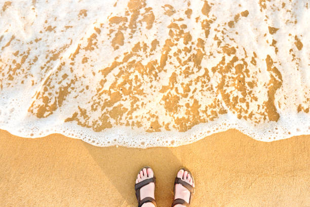 istock Woman's feet in sandals on a beach sand 930273544