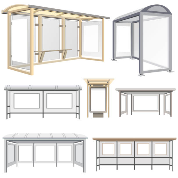 ilustrações, clipart, desenhos animados e ícones de coleção de estações de ônibus. modelos de anúncio. vector - bus station