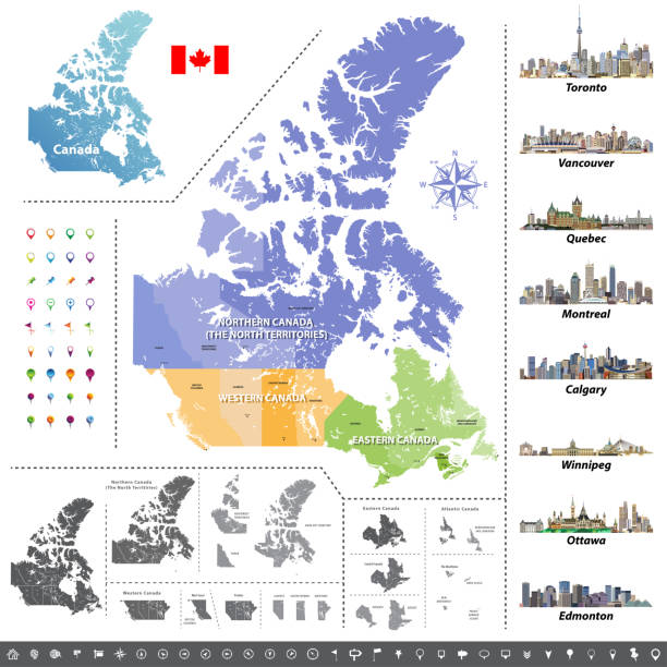 kanadyjska mapa prowincji i terytoriów pokolorowana według regionów. mapa, flaga i największe panoramy miasta kanady. ilustracja wektorowa - alberta map edmonton canada stock illustrations