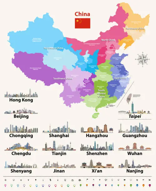 Vector illustration of vector map of China provinces colored by regions.
