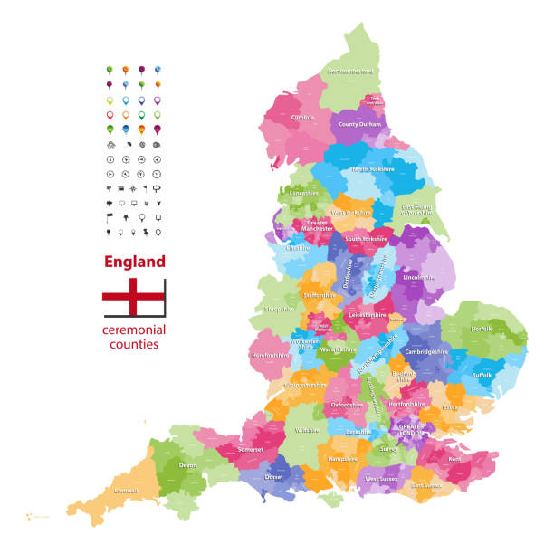 illustrazioni stock, clip art, cartoni animati e icone di tendenza di le contee cerimoniali dell'inghilterra e i loro distretti mappa vettoriale. ogni contea si distingue l'una dall'altra per tavolozza di colori diversa - midlands