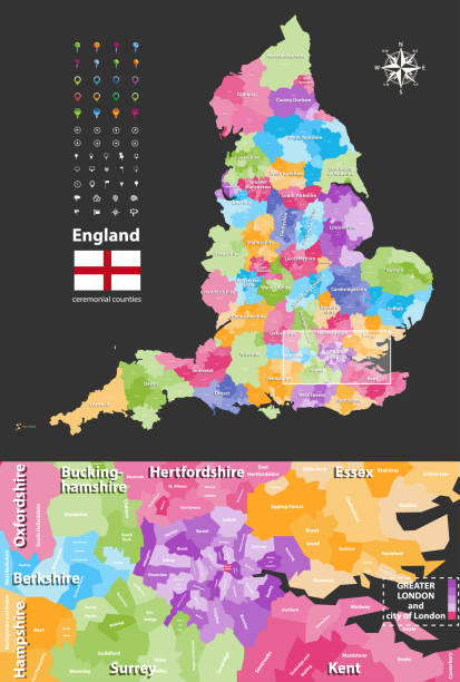 vector map of England ceremonial counties with close up of region include Greater London and nearest territories. Flag of England. Location, navigation and travel icons England ceremonial counties and their districts vector map. Each county distinctions between each other by different color palette nottinghamshire map stock illustrations