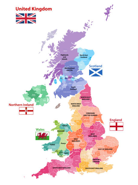 mapa wysp brytyjskich kolorowa według krajów i regionów - flag welsh flag northern ireland flag republic of ireland stock illustrations