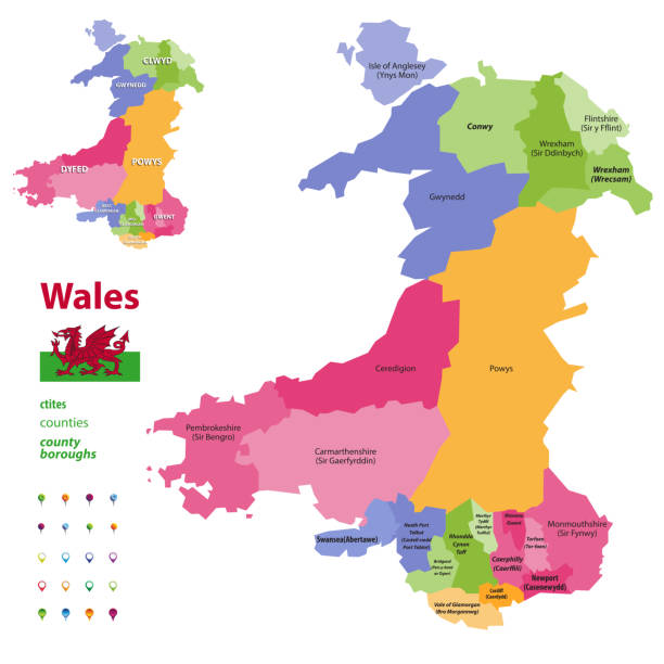 ilustrações de stock, clip art, desenhos animados e ícones de preserved counties of wales vector administrative map with districts(cities, counties and city boroughs). welsh-language forms are given in parentheses, where they differ from the english ones. - monmouth wales