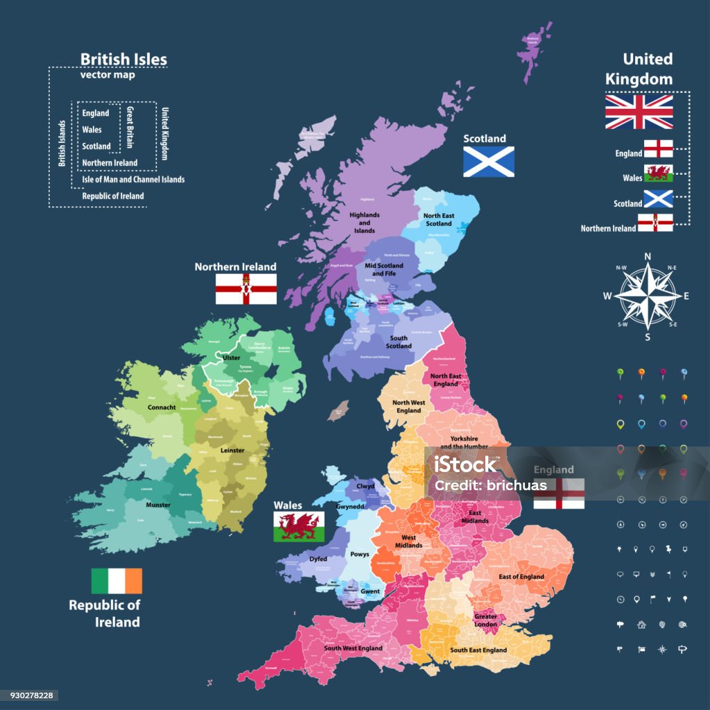 Vektorkarte der britischen Inseln administrative Abteilungen gefärbt nach Ländern und Regionen. Bezirke und Grafschaften Karten und Flaggen von Großbritannien, Nordirland, Wales, Schottland und Irland - Lizenzfrei Karte - Navigationsinstrument Vektorgrafik