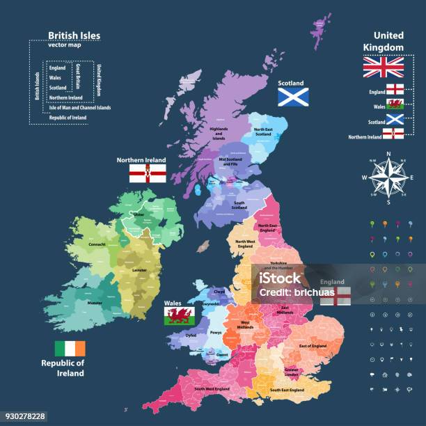 Mappa Vettoriale Delle Divisioni Amministrative Delle Isole Britanniche Colorate Per Paesi E Regioni Mappe E Bandiere Dei Distretti E Delle Contee Di Regno Unito Irlanda Del Nord Galles Scozia E Repubblica Dirlanda - Immagini vettoriali stock e altre immagini di Carta geografica