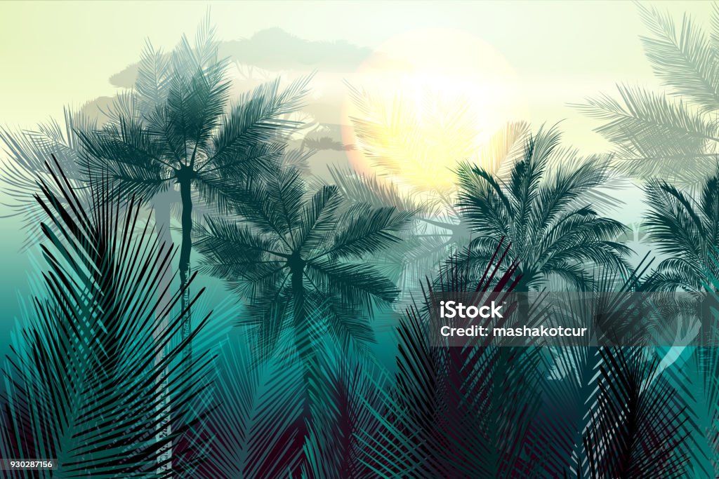 Tropical vector jungle landscape with palm trees and leafs. Morning green light Palm Tree stock vector